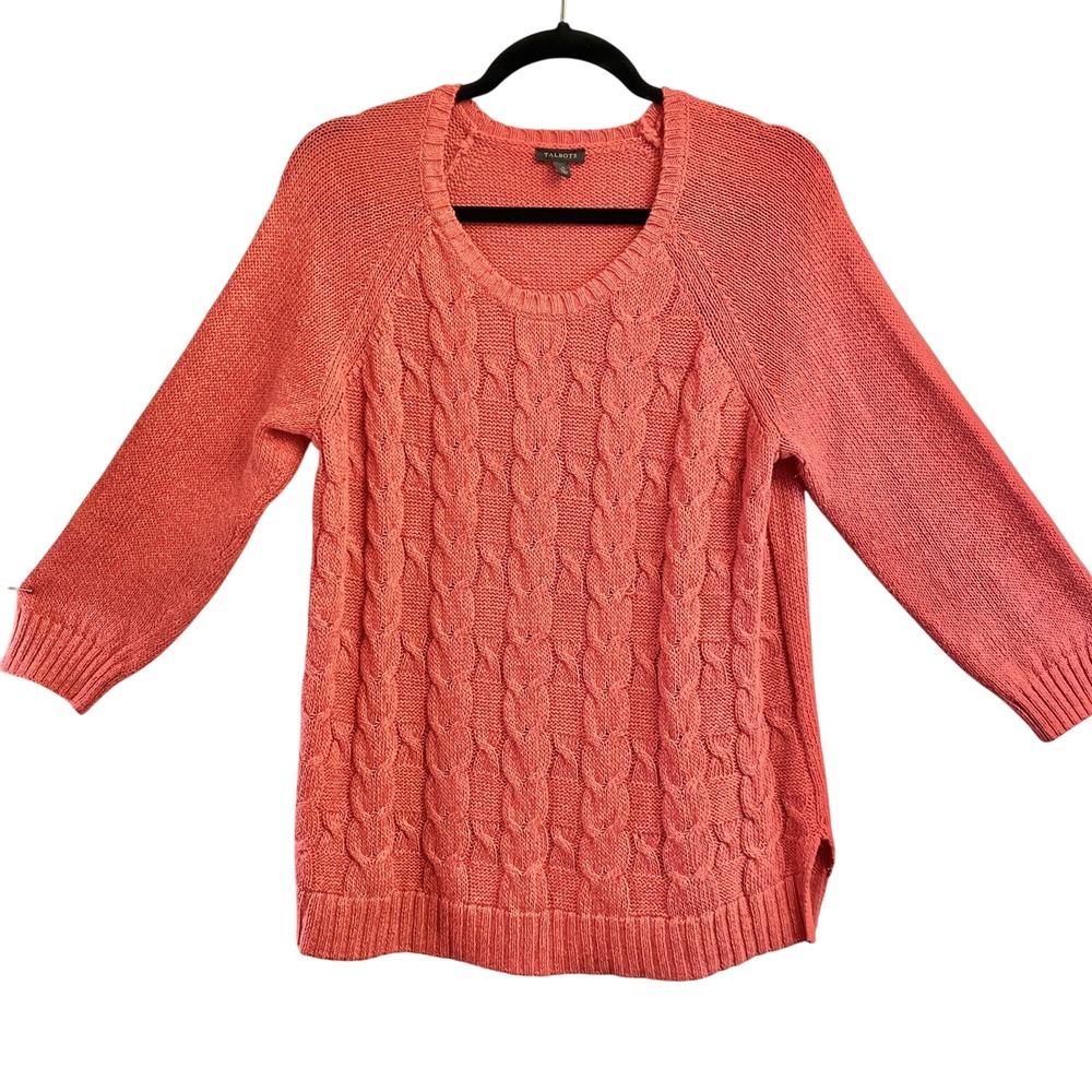 Talbots Coral Cable‎ Knit Cotton Linen Sweater Top Women Medium 3/4 Sleeve